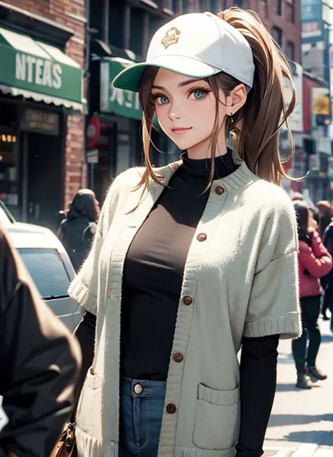 woman((30 years old)), hair((straight, golden brown)), eye((smart eye, green)), Knitted clothing(New York Fashion Week, Light gray), smile, Show your chest, ponytail, accessories, Baseball cap, Covered nipples