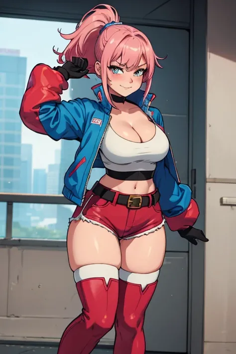 extra breasts, erotic, sexy, naughty face, smirk, looking at viewer, slim, curvy, blushing, Anime girl, janetBS, solo, 1girl, pink hair, wears a blue helmet, ponytail, bangs, helmet, red gloves, white jacket with blue sleeves, cropped jacket, long sleeves,...