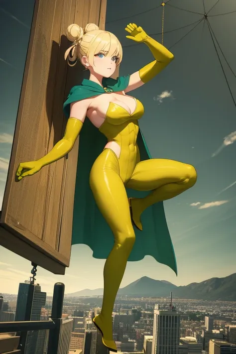 charlieBS, blonde hair, hair bun, short hair, bodysuit, cleavage, cape, yellow gloves, elbow gloves, green pantyhose, green footwear, green pants, web swinging, spider web, city, in the air, superhero