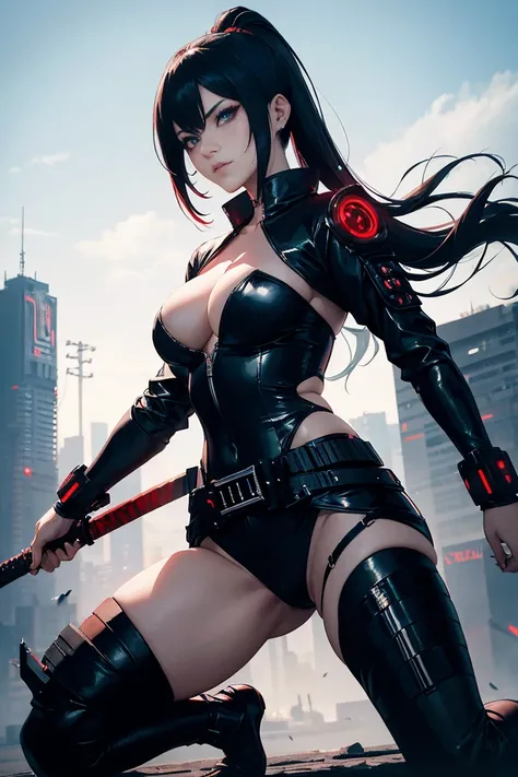 arafed woman in a black outfit the ninja, is depicted in a dynamic pose, holding a sword and a red leash, very beautiful cyberpunk samurai, portrait of a cyberpunk samurai, cyberpunk samurai, badass anime 8 k, cyberpunk assassin, goth ninja, female assassi...