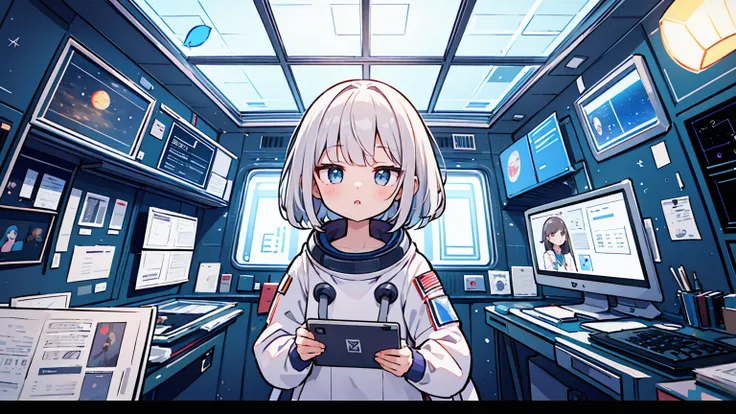 (masterpiece, best quality),1 woman, different hair colors, different faces,letterboxed, perfection of fashion,chapped lips, casual attire, upper body, Studying alone with a tablet,I look towards the glass window,side,in space,Inside the space station, gla...