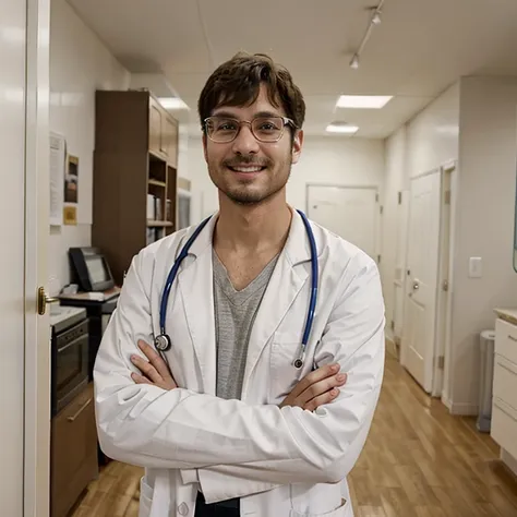 create an image of a 40-year-old doctor wearing glasses and a white lab coat. the doctor is smiling and has their arms crossed.