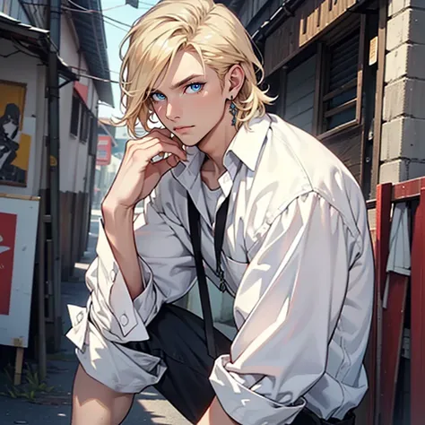 ((masterpiece)), (((best quality))), solo, 1 male, pale white skin, very light blonde hair, medium hair, straight hair, handsome young man, blue eyes, lean, tall, slender, casual clothes, simple earrings, highest quality, highly detailed, original, high re...