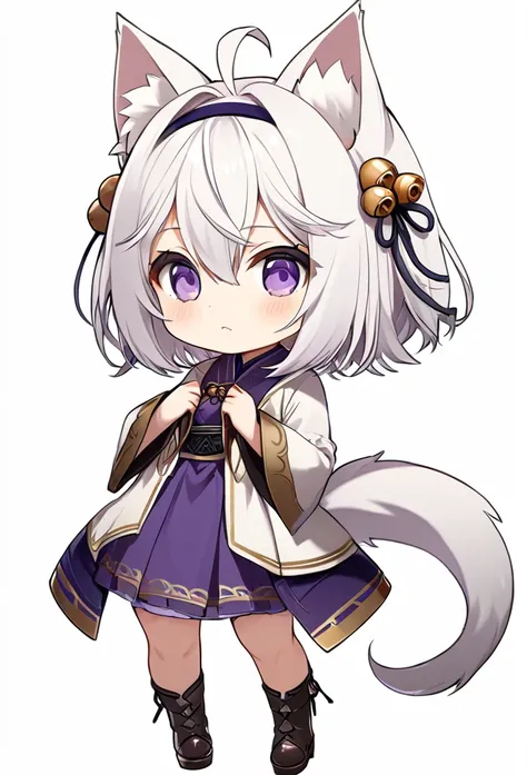 master piece, best quality, high resolution / hires, ultra-detailed, illustration, from front,  (chibi character:1.2), (1woman:1.2),filian, purple eyes, white hair, short hair, ahoge, animal ears, hair bell, hairband, tail,  ((simple white background)), 