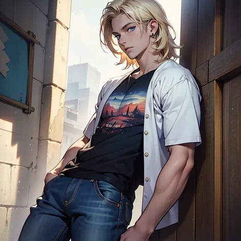 ((masterpiece)), (((best quality))), solo, 1 male, pale white skin, very light blonde hair, medium hair, bob hair style, straight hair, handsome young man, blue eyes, lean, tall, slender, t-shirt, jeans, simple earrings, highest quality, highly detailed, o...