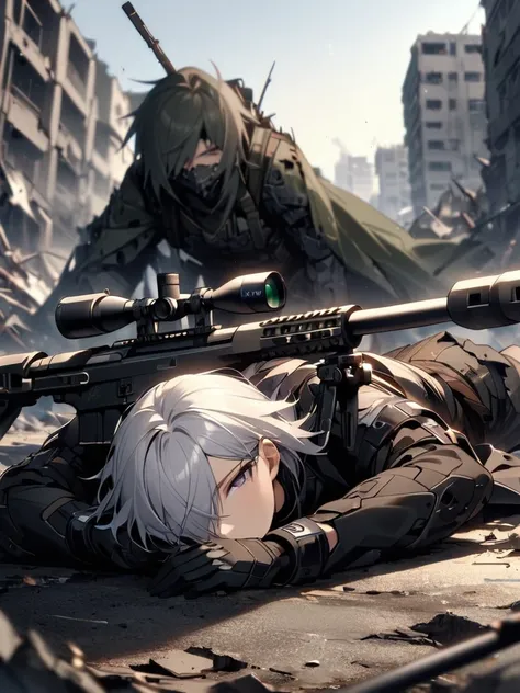 (masterpiece),(highest quality),(high resolution),(very detailed),one man,japanese,  silver hair ,whole body,break(((黒いsniper ri...