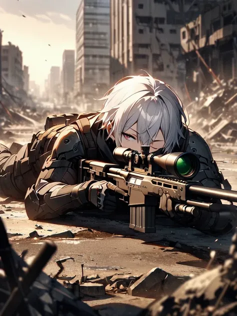 (masterpiece),(highest quality),(high resolution),(very detailed),one man,japanese,  silver hair ,whole body,break(((黒いsniper ri...