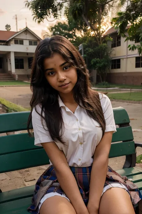 Realistic photos of (1 cute srilankan school girl) medium hair, slightly smile, 32 inch breasts size,wearing srilankan , sitting on a bench in front of  school building, sunset light, close-up, UHD