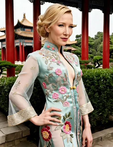 1 woman (Cate Blanchett, age 25, intricate silk Chinese dress with lots of embroidery sheer with several large slits, no underwear, traditional hairstyle and Chinese makeup) wandering through a palace garden
