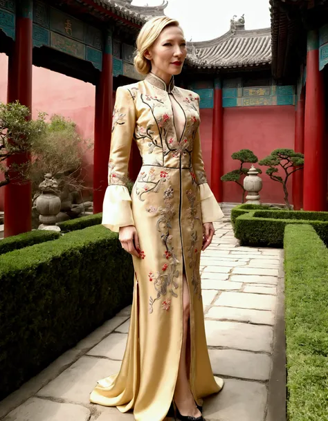 1 woman (Cate Blanchett, age 25, intricate silk Chinese dress with lots of embroidery sheer with several large slits, no underwear, traditional hairstyle and Chinese makeup) wandering through a palace garden
