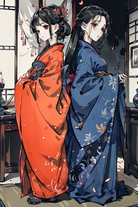 (Official Art、Highest quality、unity 8k wallpaper、32K、masterpiece、Very detailed、Ultra-high resolution、Oil painting style:1.2)、
thin、5～Children around 6 years old
(profile、Short Bob、Black Hair)、Realistic eyes、Sharp eyes、A beautiful woman in a kimono with red...