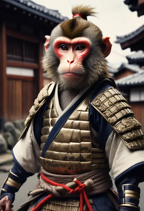 A realistic depiction of a samurai monkey wearing traditional Japanese armor and clothing, set in an ancient Japanese town, with a serious and intense expression.