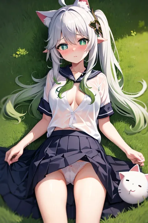 masterpiece, best quality, {{partially unbuttoned}}, loli, kawaii, long hair, ahoge, beautiful detailed eyes, aqua eyes, eyeball, heart in eye, cat_ears, nose blush , shy, blush, endured_face, medium breasts, bare legs, no legwear, naughty_face, excited, c...