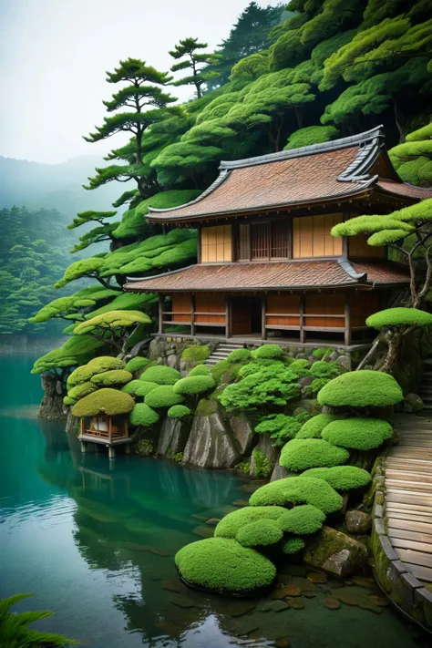 visualize a traditional japanese inn perched at the edge of a mystical lake, surrounded by dense, verdant mountains. the structu...