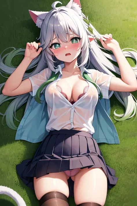 masterpiece, best quality, {{partially unbuttoned}}, loli, kawaii, long hair, ahoge, beautiful detailed eyes, aqua eyes, eyeball, heart in eye, cat_ears, nose blush , shy, blush, endured_face, medium breasts, bare legs, no legwear, naughty_face, excited, c...