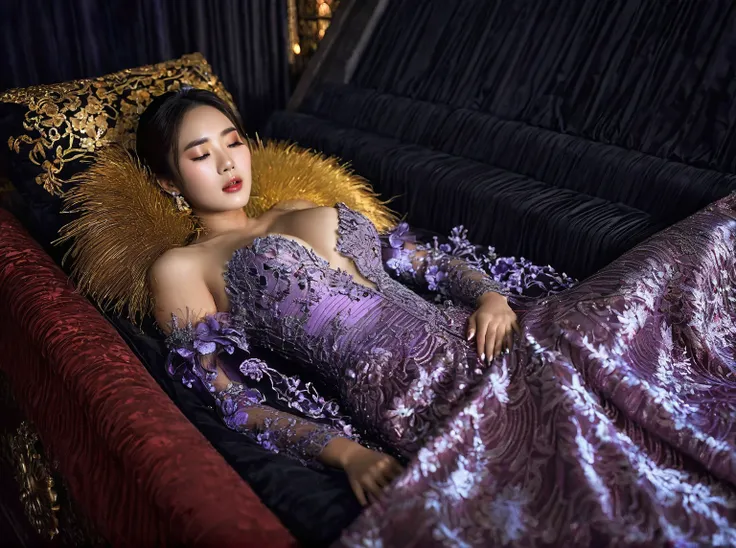 In a striking 8K HDR scene, a stunning Korean woman, 22 years old, lies peacefully in a black coffin surrounded by plush pillows. The deep box is set against a rich black background, accentuating the beauty of the subject. Her exquisite deep-V neckline keb...