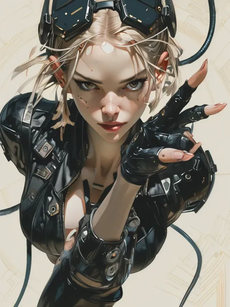 Overhead shot of a Woman in Black Cyberpunk leather, VR Headset, hand reaching out toward viewer, style by J.C. Leyendecker