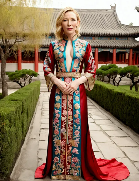 1 woman (Cate Blanchett, age 25, intricate silk Chinese dress with lots of embroidery sheer with several large slits, no underwear, traditional hairstyle and Chinese makeup) wandering through a palace garden
