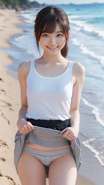 8k, RAW photo, best quality, masterpiece, realistic, photo-realistic, clear, professional lighting,medium shoot,beautiful face, best quality,1young girl,a little smile,japanese girl,detailed face,white tanktop,gray skirt,striped underwear,in beach,