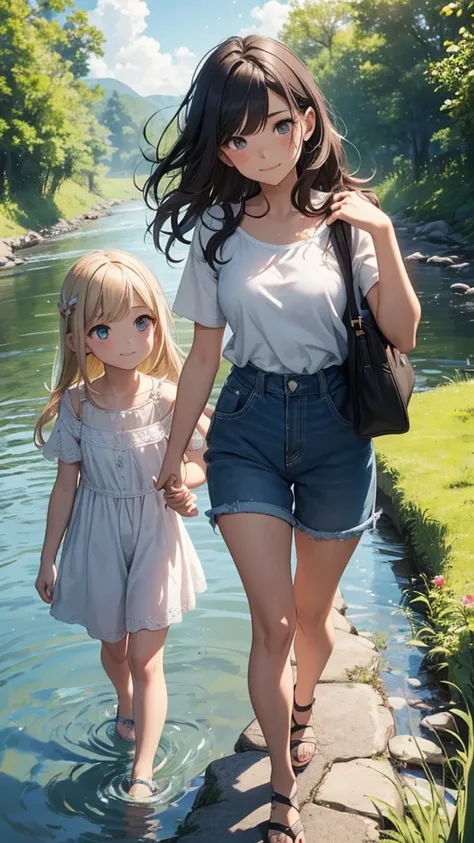 ((best quality)), ((masterpiece)), (detailed), perfect face,Create a charming, heartwarming scene of a cute girl and a handsome boy walking hand-in-hand along a riverbank. The girl has long, wavy hair and is wearing a light, summery dress, while the boy ha...