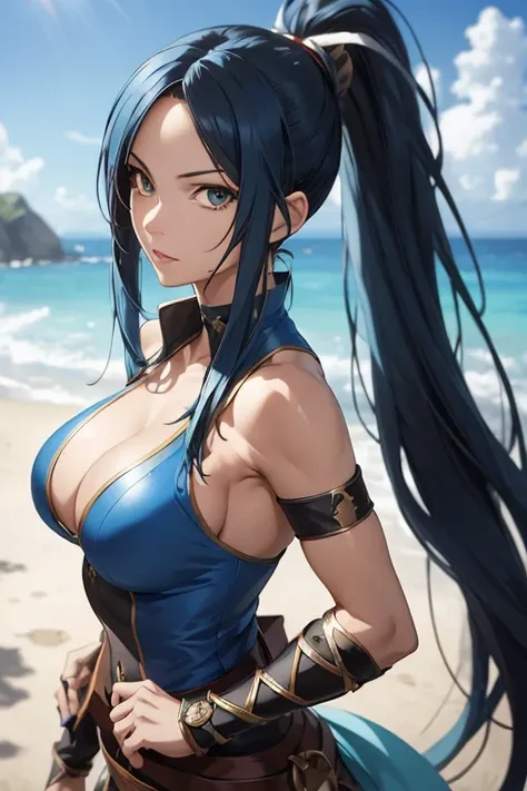 (full-length portrait),(pirate costume),a close up of a woman with a very long hair,(high ponytail), (blue color hair) ,near the ocean, detailed digital anime art, photorealistic anime girl render, extremely detailed artgerm, ig model artgerm, realistic an...