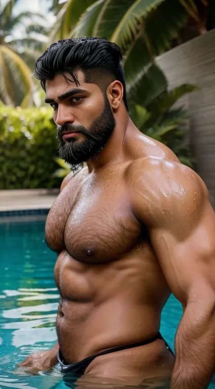 An award-winning original photo, A nude wild muscular indian man, (thick beared 25 years old:1.3), 1boy, Solo, (wetty body water dripping from hair and body ), (), doing swimming in swimming pool, wetty black hair, (big shoulders), musculature, stubbles, b...