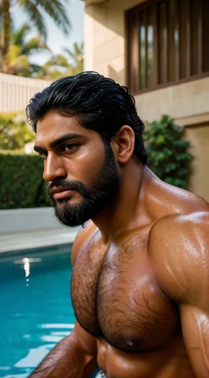 An award-winning original photo, A nude wild muscular indian man, (thick beared 25 years old:1.3), 1boy, Solo, (wetty body water dripping from hair and body ), (), doing swimming in swimming pool, wetty black hair, (big shoulders), musculature, stubbles, b...