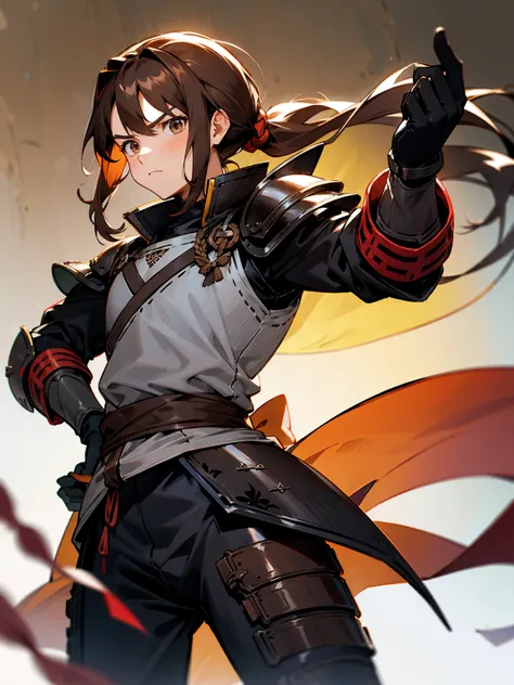 1male, brown hair, long hair, pony tail, armor, brown yukata, black gloves, tied to waist, serious