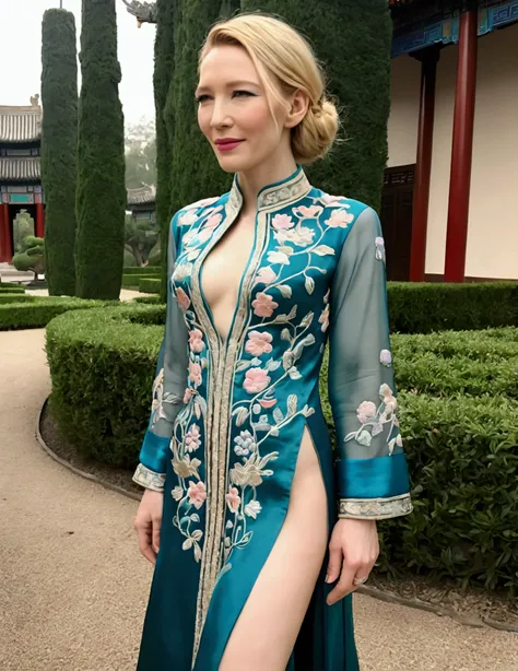 1 woman (Cate Blanchett, age 25, intricate silk Chinese dress with lots of embroidery sheer with several large slits, no underwear, traditional hairstyle and Chinese makeup) wandering through a palace garden
