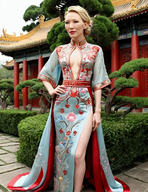 1 woman (Cate Blanchett, age 25, intricate silk Chinese dress with lots of embroidery sheer with several large slits, no underwear, traditional hairstyle and Chinese makeup) wandering through a palace garden
