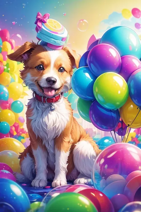 cute dog, Soap bubbles, colorful colors 