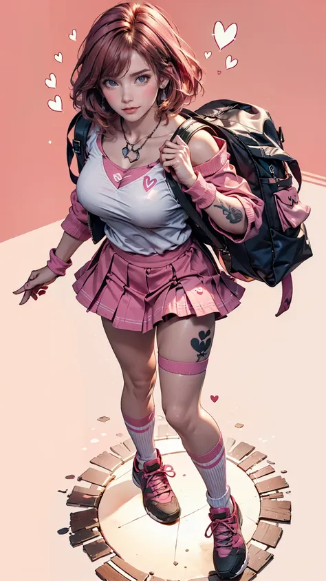 24-year-old female、Off-the-shoulder dress、Tattoo of an arrow through a heart on his chest、Top view、Pink Hair Color、Shortcuts((short hair))、Pink mini pleated skirt、pink socks、Pink athletic shoes、Pink backpack、Skyscraper background