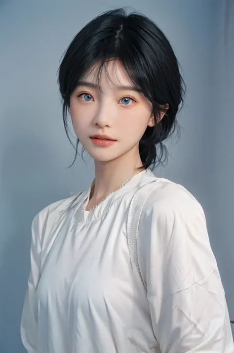 best quality，Ultra-high resolution，（lifelike：1.4），Cute hairpin，1 Girl，Bright Eyes，Blue short hair，JK，Snow-white skin，blush，slim and beautiful：1.4，，Ultra-thin face，Exquisite eyes，Double eyelids，