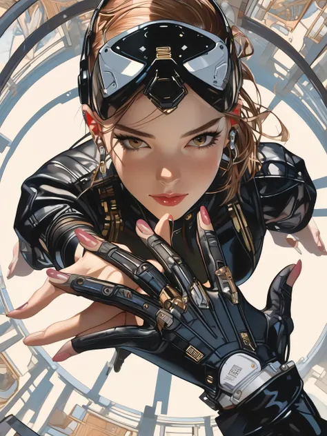 Overhead shot of a Woman in Black Cyberpunk leather, VR Headset, hand reaching out toward viewer, style by J.C. Leyendecker