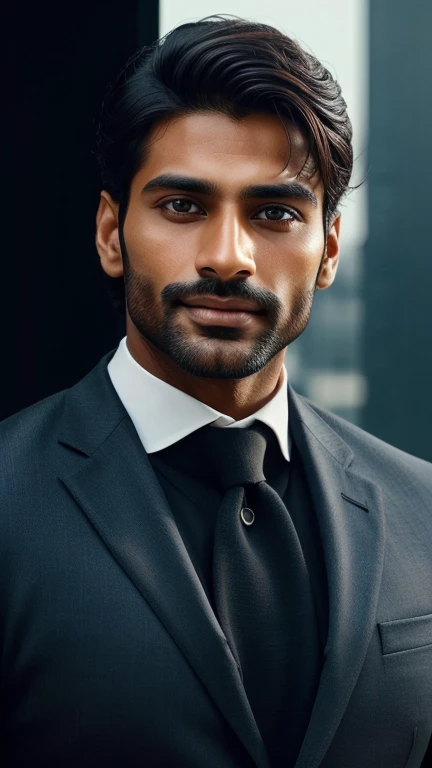 Create an ultra realistic a image of an extremely attractive handsome 30 year old only beared man exuding confidence and professionalism in his attire. he should have sharp features, mesmerizing hazel eyes, and a symmetrical face that radiates grace. The b...