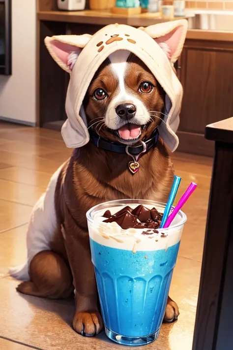 cute dog ,drinks chocolate milkshake , 