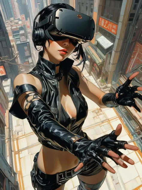 Overhead shot of a Woman in Black Cyberpunk leather, VR Headset, hand reaching out toward viewer, style by J.C. Leyendecker, style by Makoto Shinkai