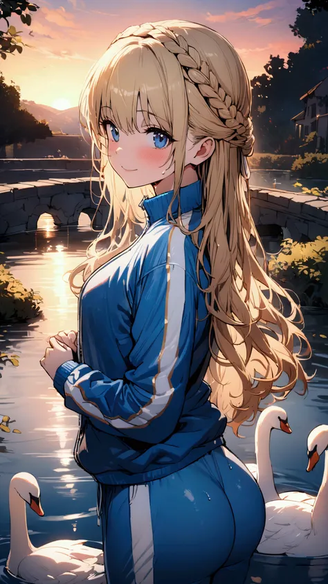 masterpiece, Highest quality, Ultra-high resolution, (beautiful girl: 1.3), Milkmaid braid, Looks about 15 years old、 (Blue sweatpants:1.3), (The jacket is a blue track jacket.: 1.3), Rear view、The sunset is dazzling when you enter the waterway..、A little ...