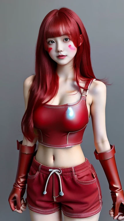 Whole body expression、One girl completely covered in red、Red skin、Painted red all over the body、Red hair、My bangs are drooping、long hair、cute、18-year-old、Shorts、Iron breastplate equipment、