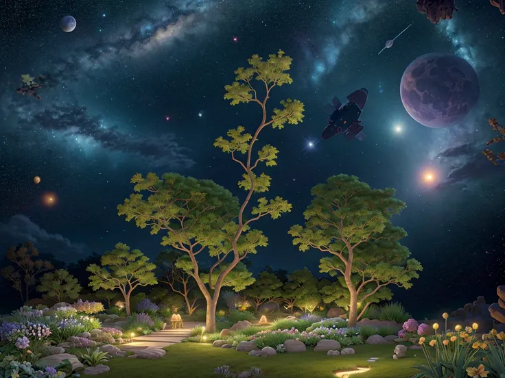 A loin ,Garden in Space: A tranquil garden suspended in the vacuum of space, with exotic plants and flowers blooming against the backdrop of stars and distant galaxies.