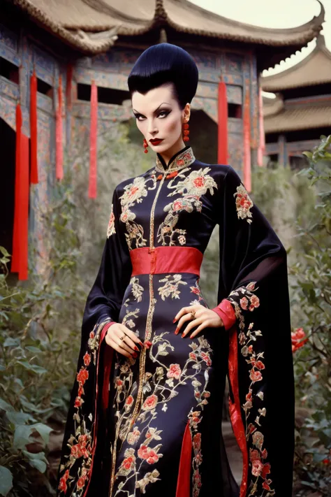 1 woman (Vampira Maila Nurmi, age 25, intricate silk Chinese dress with lots of embroidery sheer with several large slits, no underwear, traditional hairstyle and Chinese makeup) wandering through a palace garden
