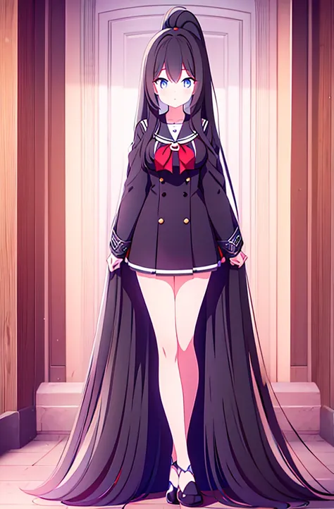 hair length about 5 meters girl long_hair black_hair tall black_uniform highschool 1girl high ponytail super long hair long hair