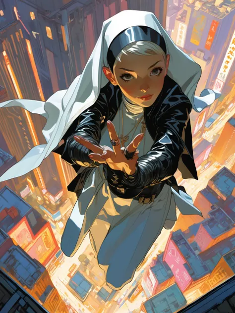 Overhead shot of a Nun in Black Cyberpunk leather, hand reaching out toward the sky, style by J.C. Leyendecker, style by Makoto Shinkai