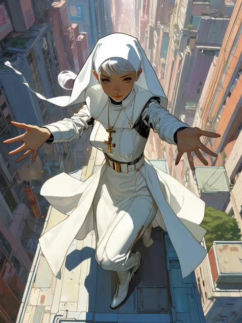 Overhead shot of a Nun in white Cyberpunk leather, hand reaching out toward the sky, style by J.C. Leyendecker, style by Makoto Shinkai