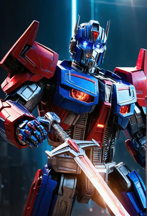 a highly detailed cinematic portrait of Optimus Prime, robot leader of the Autobots, wielding a massive futuristic sword, dramatic lighting, intricate mechanical details, metallic surfaces, glowing energy effects, epic sci-fi setting, dynamic pose, photore...