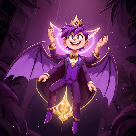 Handsome guy, good physique, Beautiful, purple hair, Nice smile, purple hair third tycoon suit, charismatic, no furry, a golden crown levitating above his head, small transparent wings, 