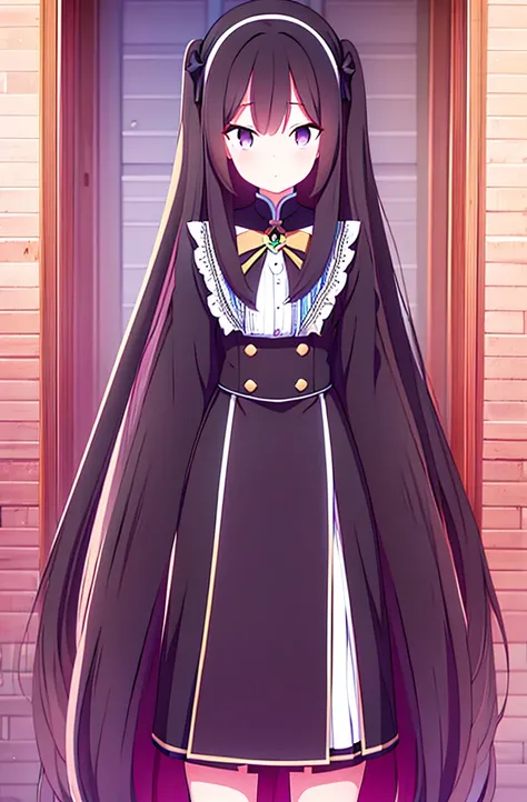 hair length about 5 meters girl long_hair black_hair tall black_uniform highschool 1girl high ponytail super long hair long hair