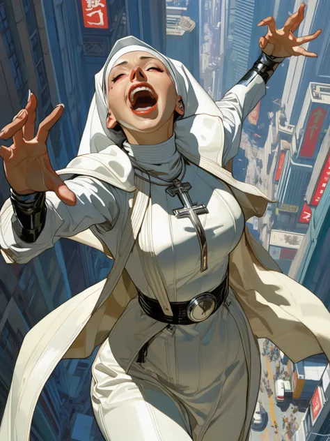 Overhead shot of a Nun in white Cyberpunk leather, screaming, hand reaching out toward the sky, style by J.C. Leyendecker, style by Makoto Shinkai