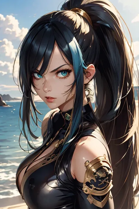 (full-length portrait),(pirate costume),a close up of a woman with a very long hair,(high ponytail), (light blue color hair) ,near the ocean, detailed digital anime art, photorealistic anime girl render, extremely detailed artgerm, ig model artgerm, realis...