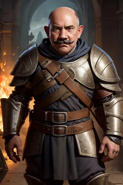 a bald dwarf with adolf hitler mustache in an armor